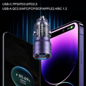 USAMS automobilinis įkroviklis C36 USB+USB-C 95W Fast Charge fioletowy/purple CC176CC02 (US-CC176) - Image 6