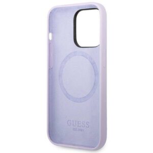 Apple iPhone 14 Pro Guess Dėklas silikoninis Logo Plate MagSafe violetinės spalvos - Image 7