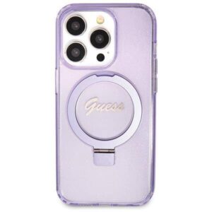 Apple iPhone 13 Pro Max Guess dėklas Ring Stand Script Glitter MagSafe (GUHMP13XHRSGSU) violetinės spalvos - Image 3