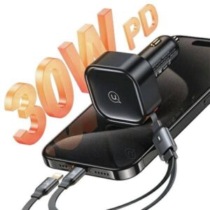 Automobilinis įkroviklis 30W su kabeliu 2x USB-C PD Fast Charge USAMS C41 CC220CC01 (US-CC220) juodos spalvos - Image 3