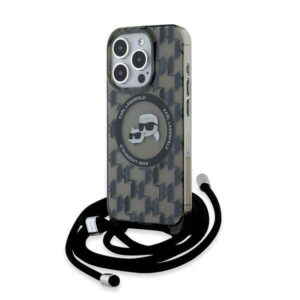 Apple iPhone 15 Pro Karl Lagerfeld Hardcase IML Crossbody Monogram Karl & Choupette Head MagSafe (KLHMP15LHCKCKLCK) dėklas telefonui juodos spalvos