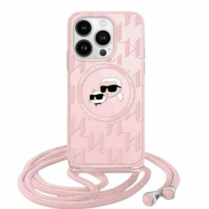 Apple iPhone 15 Pro Karl Lagerfeld Hardcase IML Crossbody Monogram Karl & Choupette Head MagSafe (KLHMP15LHCKCKLCP) dėklas telefonui rožinės spalvos