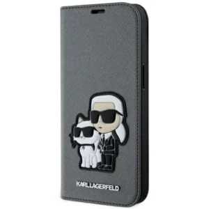 Karl Lagerfeld KLBKP14SSANKCPG Apple iPhone 14 6.1" atverčiamas dėklas telefonui sidabro spalvos Saffiano Karl & Choupette