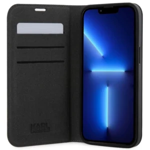 Karl Lagerfeld KLBKP14SSANKCPG Apple iPhone 14 6.1" atverčiamas dėklas telefonui sidabro spalvos Saffiano Karl & Choupette - Image 4