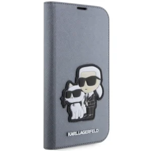 Karl Lagerfeld KLBKP14XSANKCPG Apple iPhone 14 Pro Max 6.7" atverčiamas dėklas telefonui sidabro spalvos Saffiano Karl & Choupette - Image 5