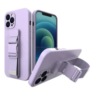 Silikoninis dėklas telefonui su dirželiu Apple iPhone 12 Pro Max violetinės spalvos