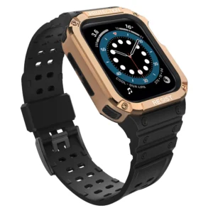 Protect apyrankė su dėklu Apple Watch 7 / 6 / 5 / 4 / 3 / 2 / SE (45 / 44 / 42mm) Dėklas Armor Watch juodos ir rožionio aukso spalvos