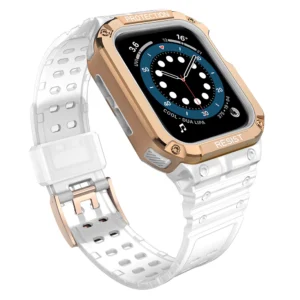Protect apyrankė su dėklu Apple Watch 7 / 6 / 5 / 4 / 3 / 2 / SE (45 / 44 / 42mm) Dėklas Armor Watch skaidri ir rožinio aukso spalvos