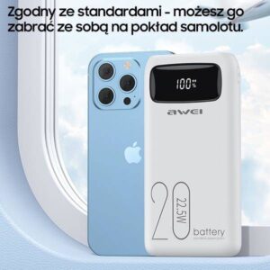 Powerbank 20000mAh 22.5W Display + PD/iPhone kabeliss Lightning AWEI (P169K) juodos spalvos - Image 7