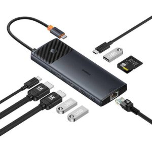 Adapter Hub 10in1 Baseus USB-C - 2xHDMI, 3xUSB-A, USB-C, RJ45, SD/TF, PD juodos spalvos - Image 5