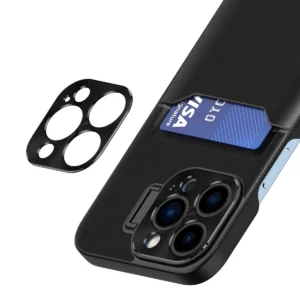 Leather Apple iPhone 14 Pro card wallet su stoveliu dėklas telefonui juodos spalvos - Image 7