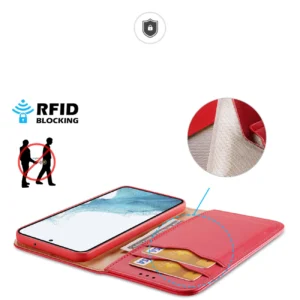 Dux Ducis Hivo Samsung Galaxy S23 Plus atverčiamas wallet su stoveliu RFID blocking dėklas telefonui raudonos spalvos - Image 3