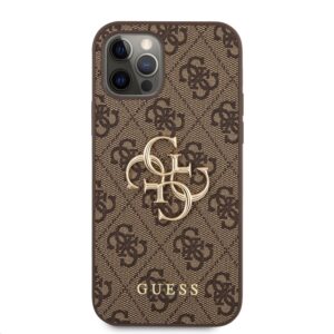 Guess PU 4G Metal Logo dėklas telefonui Apple iPhone 12/12 Pro rudos spalvos - Image 1