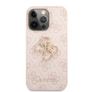 Guess PU 4G Metal Logo dėklas telefonui Apple iPhone 13 Pro rožinės spalvos