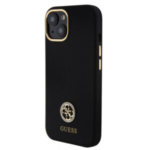 Guess Liquid Silicone 4G Strass Metal Logo dėklas telefonui Apple iPhone 15 juodos spalvos