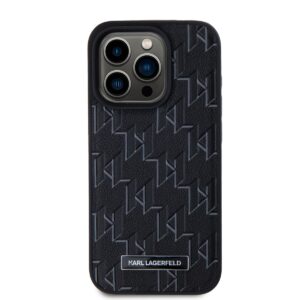 Karl Lagerfeld PU Leather Monogram Metal Logo MagSafe dėklas telefonui Apple iPhone 15 Pro juodos spalvos