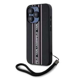 Karl Lagerfeld PU Saffiano Athleisure Stripe and Strap dėklas telefonui Apple iPhone 15 Pro rožinės spalvos