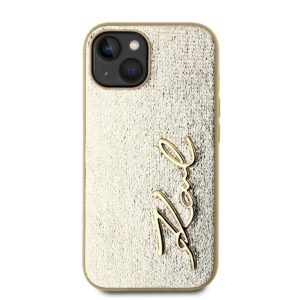 Karl Lagerfeld Wrinkled PU Signature Logo dėklas telefonui Apple iPhone 15 aukso spalvos