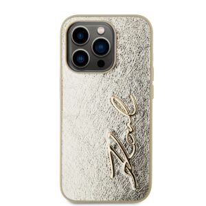 Karl Lagerfeld Wrinkled PU Signature Logo dėklas telefonui Apple iPhone 15 Pro aukso spalvos
