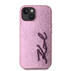 Karl Lagerfeld Wrinkled PU Signature Logo dėklas telefonui Apple iPhone 15 rožinės spalvos