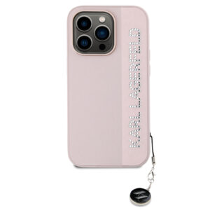 Karl Lagerfeld PU Saffiano Rhinestone Charm dėklas telefonui Apple iPhone 14 Pro rožinės spalvos