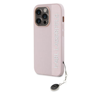 Karl Lagerfeld PU Saffiano Rhinestone Charm dėklas telefonui Apple iPhone 14 Pro rožinės spalvos - Image 2