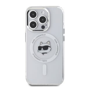 Karl Lagerfeld IML Choupette Head Metal Frame MagSafe dėklas telefonui Apple iPhone 15 Pro Max skaidrus