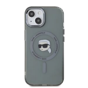 Karl Lagerfeld IML Karl Head Metal Frame MagSafe dėklas telefonui Apple iPhone 15 juodos spalvos