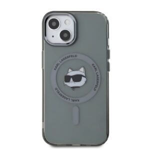 Karl Lagerfeld IML Choupette Head Metal Frame MagSafe dėklas telefonui Apple iPhone 15 juodos spalvos