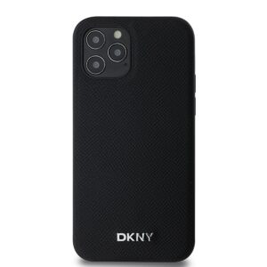 DKNY PU Leather Silver Metal Logo Magsafe dėklas telefonui Apple iPhone 12/12 Pro juodos spalvos