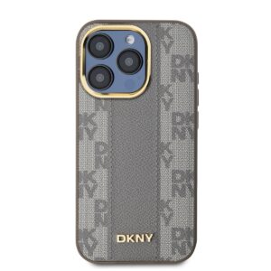 DKNY PU Leather Checkered Pattern Magsafe Case for Apple iPhone 15 Pro Beige
