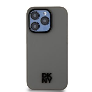 DKNY PU Leather Stack Logo Magsafe dėklas telefonui Apple iPhone 15 Pro pilkos spalvos