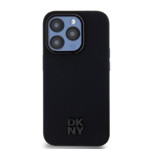 DKNY PU Leather Stack Logo Magsafe dėklas telefonui Apple iPhone 15 Pro juodos spalvos