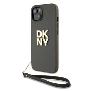 DKNY PU Leather Stack Logo Wrist Strap dėklas telefonui Apple iPhone 14 rudos spalvos