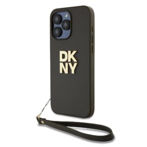 DKNY PU Leather Stack Logo Wrist Strap dėklas telefonui Apple iPhone 15 Pro rudos spalvos
