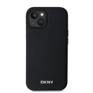 DKNY PU Leather Silver Metal Logo Magsafe dėklas telefonui Apple iPhone 15 juodos spalvos