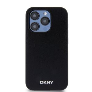 DKNY PU Leather Silver Metal Logo Magsafe dėklas telefonui Apple iPhone 15 Pro juodos spalvos