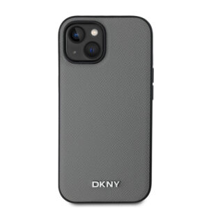 DKNY PU Leather Silver Metal Logo Magsafe dėklas telefonui Apple iPhone 14 pilkos spalvos
