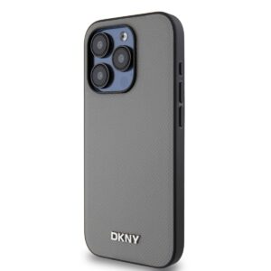 DKNY PU Leather Silver Metal Logo Magsafe dėklas telefonui Apple iPhone 15 Pro pilkos spalvos - Image 2