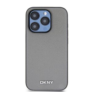 DKNY PU Leather Silver Metal Logo Magsafe dėklas telefonui Apple iPhone 15 Pro Max pilkos spalvos