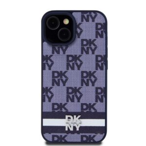 DKNY PU Leather Checkered Pattern and Stripe dėklas telefonui Apple iPhone 15 mėlynos spalvos