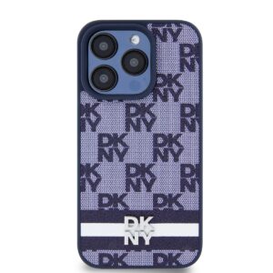 DKNY PU Leather Checkered Pattern and Stripe dėklas telefonui Apple iPhone 15 Pro mėlynos spalvos