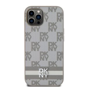 DKNY PU Leather Checkered Pattern and Stripe dėklas telefonui Apple iPhone 12/12 Pro Beige - Image 1