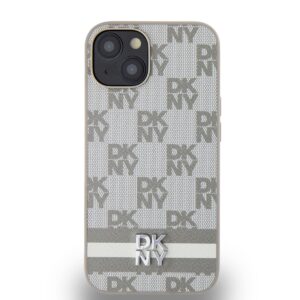 DKNY PU Leather Checkered Pattern and Stripe dėklas telefonui Apple iPhone 15 Beige