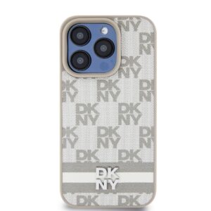 DKNY PU Leather Checkered Pattern and Stripe dėklas telefonui Apple iPhone 15 Pro Beige