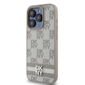 DKNY PU Leather Checkered Pattern and Stripe dėklas telefonui Apple iPhone 15 Pro Beige - Image 2