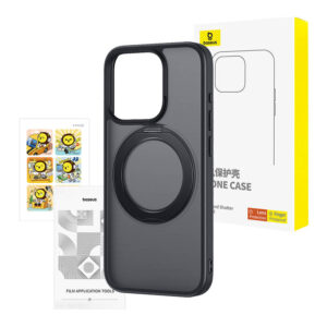 Phone Baseus SkyRing Magnetic su stoveliu Apple iPhone 15 Pro + tempered-glass and cleaning kit dėklas telefonui juodos spalvos - Image 4