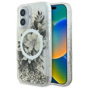 Guess Liquid Glitter Flower MagSafe Apple iPhone 16 Case - Beige