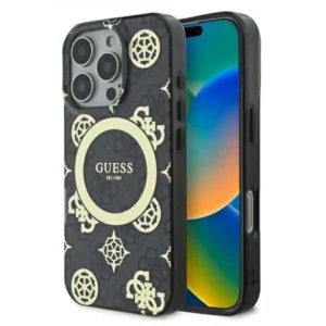Guess GUHMP16LH4PYEEK Apple iPhone 16 Pro 6.3" dėklas telefonui juodos spalvos IML Peony On 4G Background MagSafe