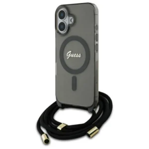 Guess GUHMP16SHCTSGNSK Apple iPhone 16 6.1" dėklas telefonui juodos spalvos Crossbody Cord Script MagSafe